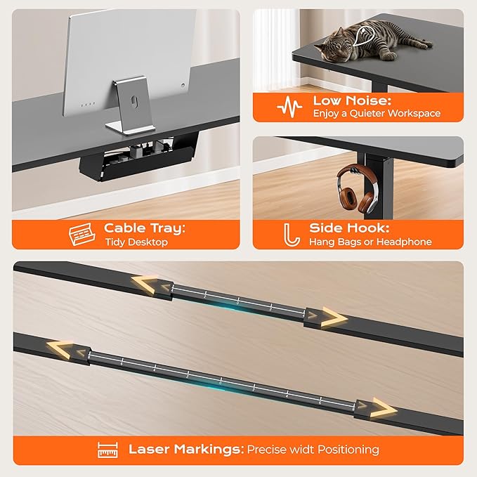 Huuger Electric Standing Desk Frame with Dual Motor, Sit Stand up Desk Leg for 47.2” to 86.6” Desktop, Computer Desk Leg with Cable Tray, 3 Memory Height Presets, 2 Hooks, Black Frame Only
