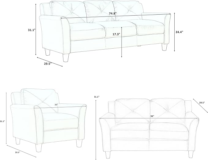 3 Pieses Modern Living Room Sofa Sets Polyester Blend Button Tufted Sofa&Couch Include 3Seaters Couch, Loveseat and Armchair with Ergonomically Curved Armrests for Home Apartment Office