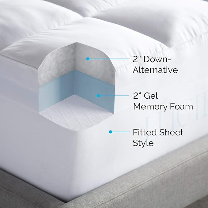 LUCID 4 Inch Down Alternative and Gel Memory Foam Mattress Three Toppers in One-Hypoallergenic, Twin, White