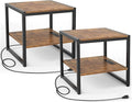 Homieasy End Table with Charging Station, 20 Inch Mini Fridge Stand with 2-Tier Open Shelf, Square Bedside Nightstand & Sofa Side Table for Small Spaces, Rustic Brown - 2 Pack