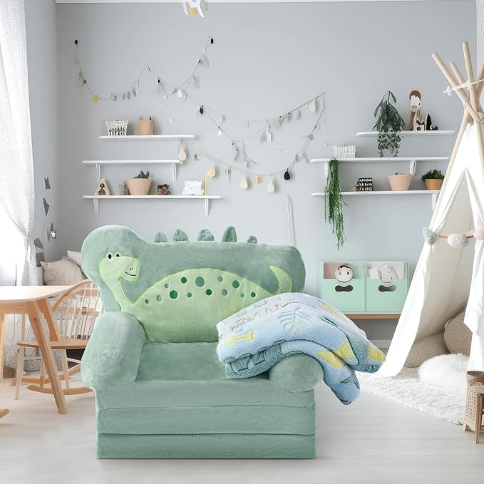 Dinosaur Kids Couch Fold Out 2-in-1 Toddler Sofa Fold Out with Blanket, Soft Toddler Chair Comfy for Boys Girls Baby, Convertible Sofa to Lounger for Napping Reading Playing Christmas, Green