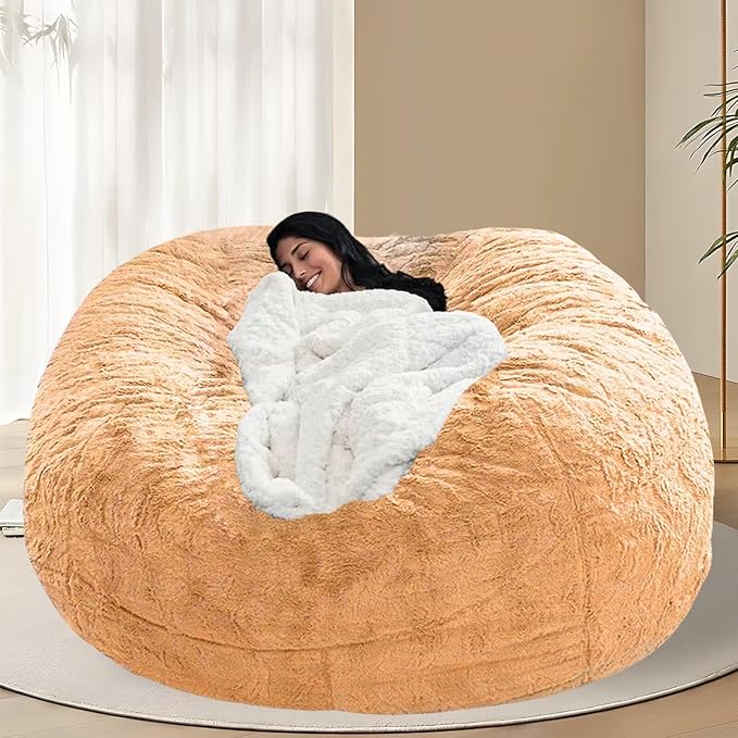 BCU Oversized Bean Bag Cover Comfy Beanbag Chair for Adults Without Filler Faux Fur Floor Chair Lazy Sofa Cover Comfy for Living Room Chairs, Yellow, 5FT