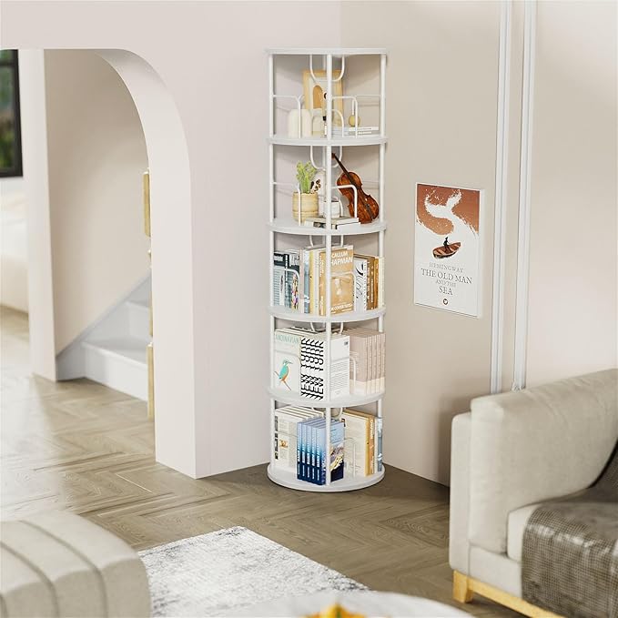 5 Tier Rotating Bookshelf, 360 ° Display Stackable Spinning Bookshelf Tower, Corner Bookshelf Tall Floor Standing Swivel Bookcase Narrow Storage Organizer for Bedroom, Living Room, White