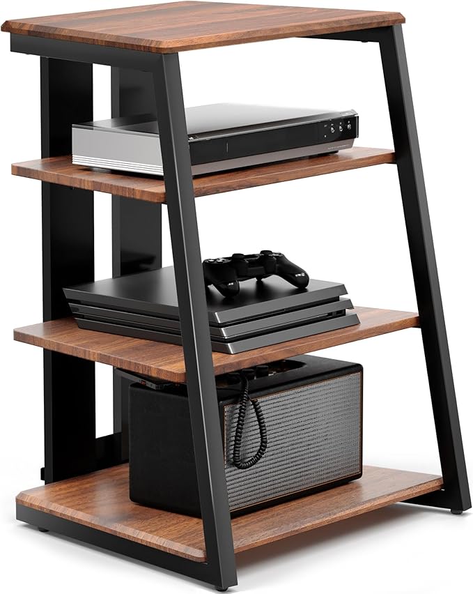 FITUEYES Design 4-Tier AV Media Stand Corner Shelf for Record Player Wooden Stereo Cabinet Audio Rack Tower with Height Adjustable Wooden Shelves for ps4 (Walnut)