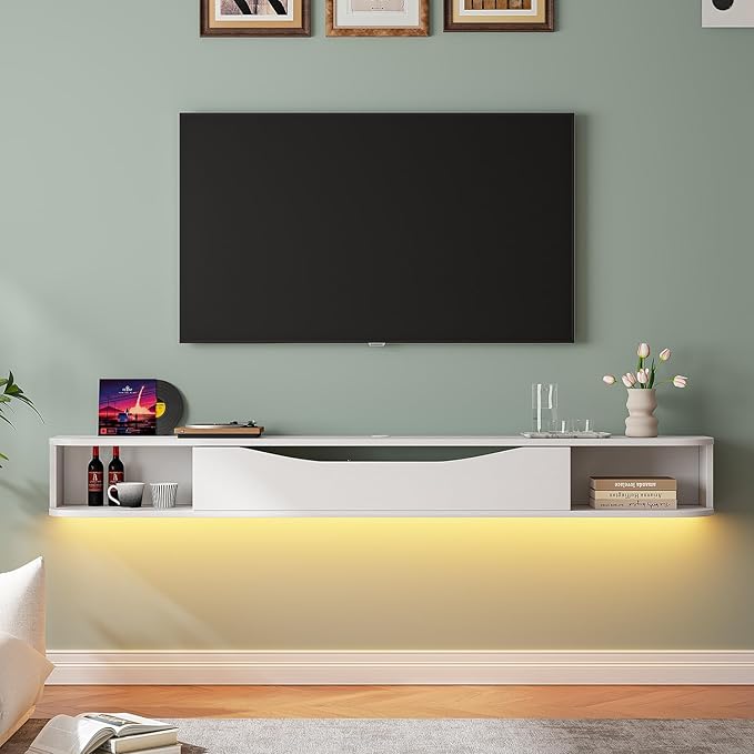 Floating TV Stand,55'' Wall Mounted TV Cabinet,Floating TV Console,Under TV Shelf with 1 Door and 2 Cabinets for TVs up to 65''(White)