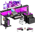 AODK Computer Desk with Drawers and Keyboard Tray, 63" Office Desk with Power Outlet and LED Lights, Reversible Study Work Desk with Printer Shelf and PC Stand for Home Office, Black