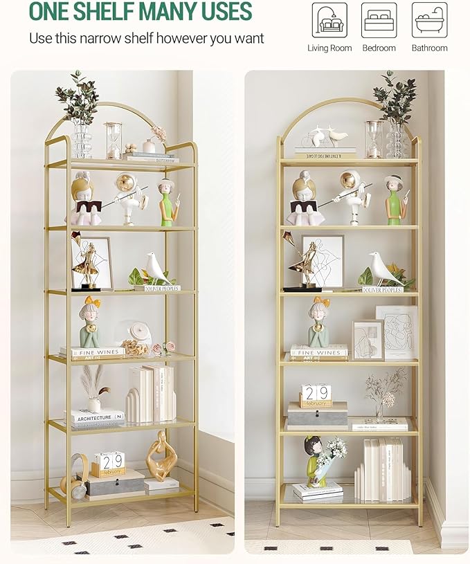 Bookcase Bookshelf, Tempered Glass Bookshelves, Slim Shelving Unit for Bedroom, Bathroom, Home Office, Steel Frame, 6 Tier Gold BC21699G