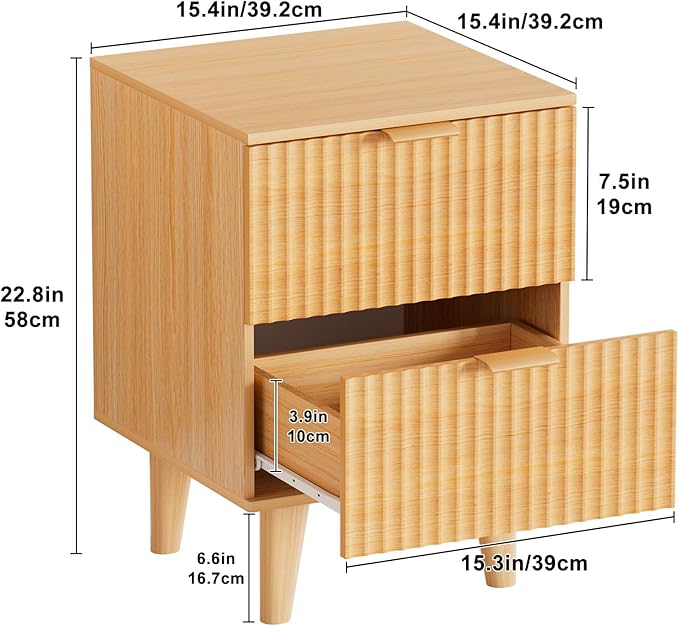 Urban Deco Nightstand Set of 2, Mid Century Modern Nightstand with 2 Storage Drawers, Wooden End Table with 2 Fluted Drawers, Bedside Table with Solid Wood Legs for Bedroom (Natural)