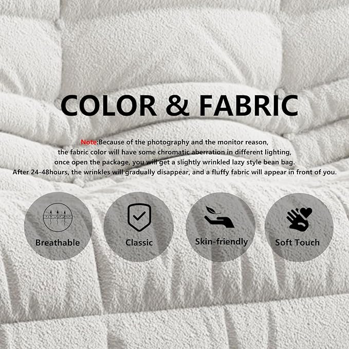 Bean Bag Chairs for Adults, BeanBag Reading Chair Memory Foam Couch 3-Seater, Floor Chair Soft Teddy Material, Comfy Reading Nook Chairs for Bedroom Living Room Office (White)