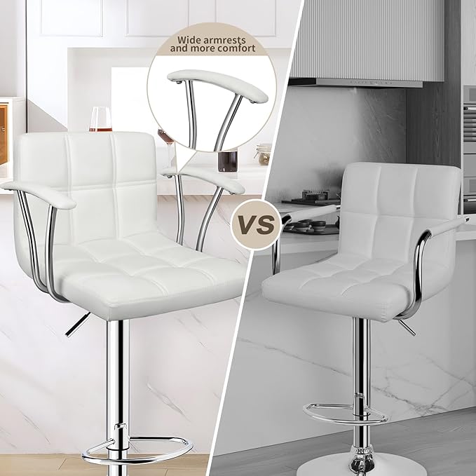 Bar Stools Set of 2,Armrest Adjustable Swivel Barstools with Back,Double Needle PU Leather Counter Height Bar Stools for Kitchen Island, White