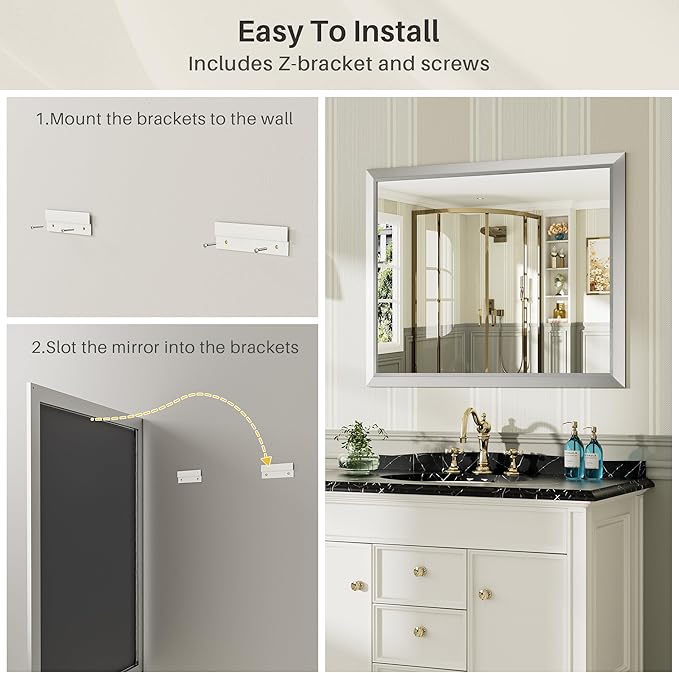 40x30 Inch Silver Bathroom Mirror for Wall, Thick Metal Framed Rectangle Mirrors for Over Sink, Bedroom, Living Room, Entryway, Anti-Rust, HD Tempered Glass