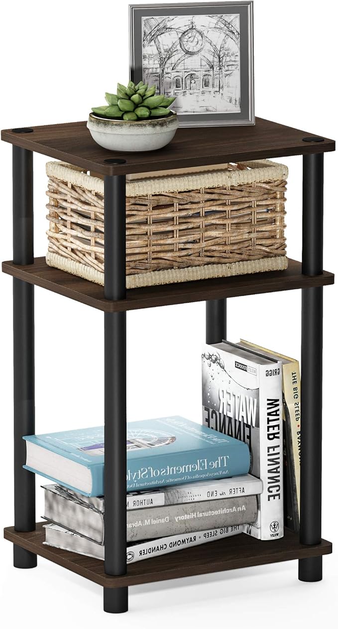 Furinno Just 3-Tier Turn-N-Tube End Table / Side Table / Night Stand / Bedside Table with Plastic Poles, 1-Pack, Columbia Walnut/Black