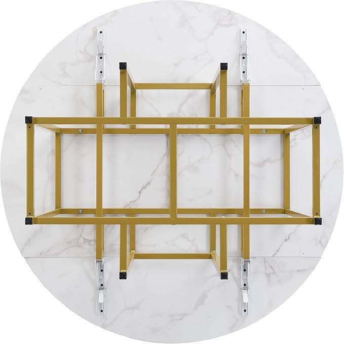 Merax 47.2” Round Dining Table Set for 4, Foldable Kitchen Dining Table with 11.8” Drop Leaves, Faux Marble Top with Golden Frame, 4 Upholstered Chairs (White+Green)