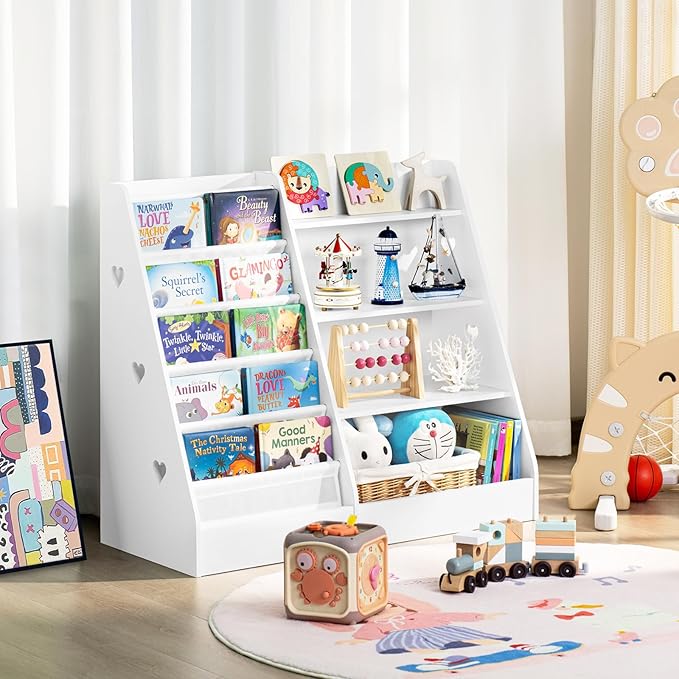 Lerliuo 4 Tier Kids Bookshelf and Storage Organizer, Five Layer Sling Children Bookcase, Baby Toddler Wooden Book Shelf, Display Cabinet for Playroom, Bedroom, Classroom, Nursery, School (White)