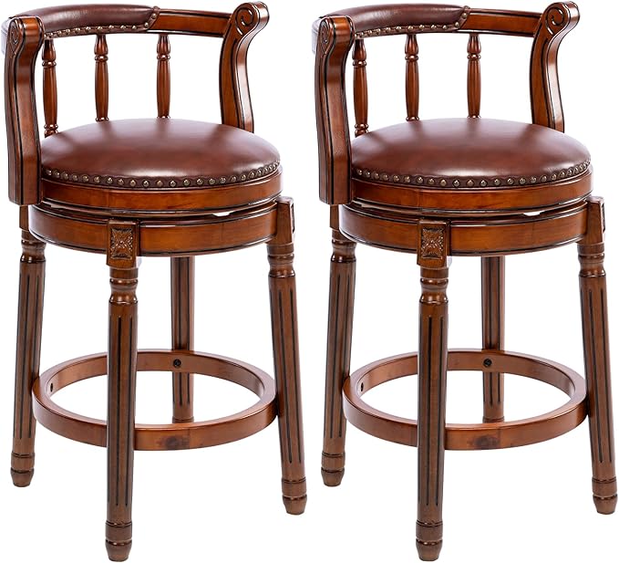 Cow top Leather Wooden Bar Stools, 360 Degree Swivel Bar Height Chair with Backs for Home Kitchen Counter, Morden Chair Barstools (Brown 2pcs, Counter Height-Seat Height 26”)
