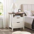 Antique White Night Stand with Charging Station - 20 Inch Farmhouse Fluted Bedside Table with 2 Drawers, Modern Wood End Side Table for Bedroom Home Study Storage