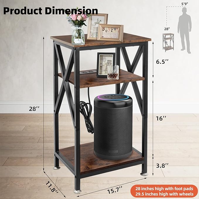 End Table with Charging Station, End Tables Living Room Set of 2 Farmhouse, 12" D x 16" W x 28" H, 28 inch Tall Side Tables, Rustic Wood End Tables, Couch Side Tables Set of 2