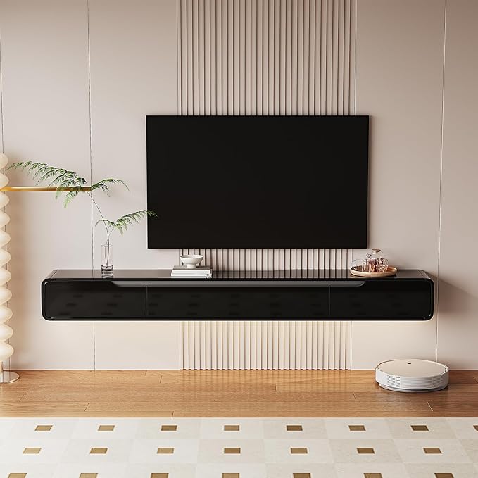 High Gloss Floating TV Stand with 3 Doors,86'' Wall Mounted TV Cabinet,Under TV Console,Floating Media Shelft for Bedroom Living Room(Black)