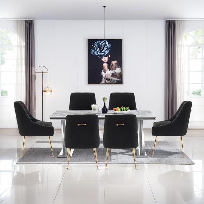 Dining Chairs Medieval Modern Restaurant Chairs, Soft Cushions, Teddy Velvet, Polished Gold Metal Legs, Kitchen Chairs, Living Room Black 4-Piece Set