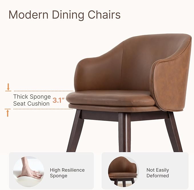 Wooden Dining Chairs Set of 4, Faux Leather Upholstered Modern Dining Room Chairs with Barrel Backrest & Double-Layer Thick Cushion for Living Room, Restaurant, Kitchen and Café, Brown, 2 Boxs