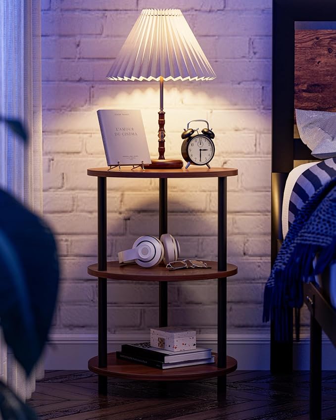 Small Round End Table - 3 Tier Design Accent Table, Narrow Side or Bedside Stand, Industrial Vintage Nightstand for Bedroom, Living Room, or Small Spaces, Set of 2, Rustic Walnut
