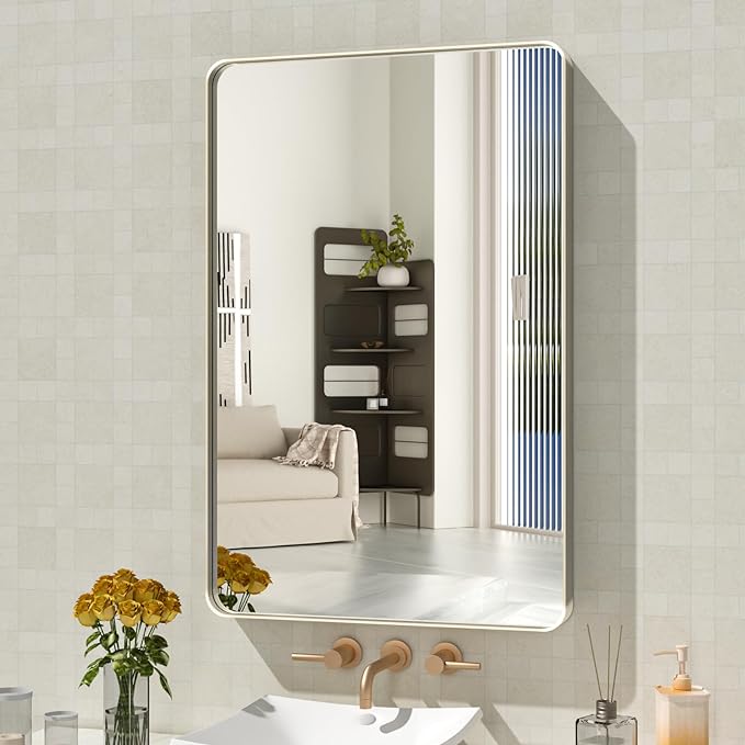 WEER 20X30 Inch Brushed Nickel Bathroom Mirror, Brushed Silver Metal Frame Mirror, Rounded Rectangle Silver Bathroom Vanity Mirror, Tempered Glass, Anti-Rust, Hangs Horizontally or Vertically