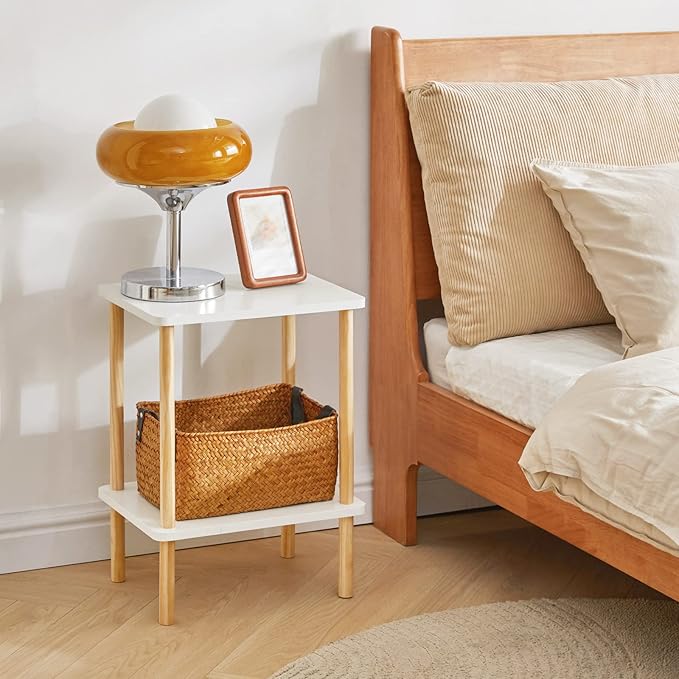 IBUYKE 2-Tier Side Table, Solid Wood Tall End Table with Storage Shelves, Nightstand Bedside Table for Living Room Bedroom Office, No-Tool Assembly, White UWST002W