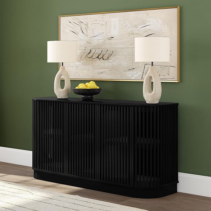 Plank+Beam Contour Wood TV Stand, Three Door Solid Wood Entertainment Console with Storage, 59" L x 16" W x 30" H, Black