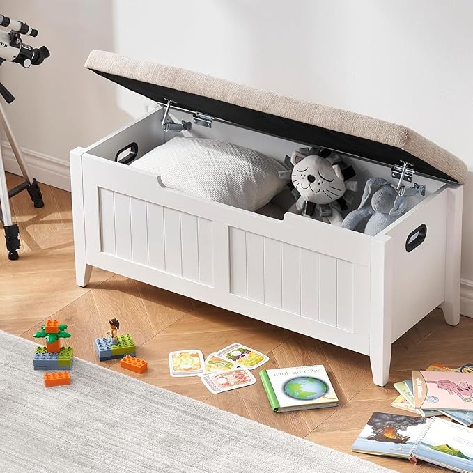 GAOMON 39.4" Storage Benches Entryway Bench with Cushion, 2 Safety Hinges, Storage Trunk, Shoe Bench Storage Chest for Entryway, Living Room, Bedroom, White