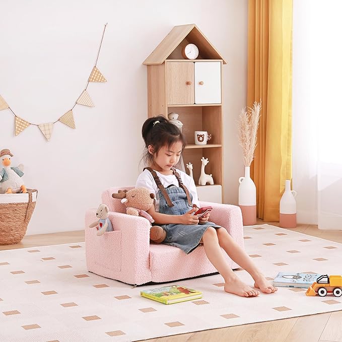 Tiita Kids Chair Couch, Folding Toddler Comfy Sofa Chairs, 2-in-1 Kids Plush Sofas Fold Out, Baby Armrest Chair Sofa to Lounger, Convertible Play Sofas to Bed for Girl or Boy, Pink