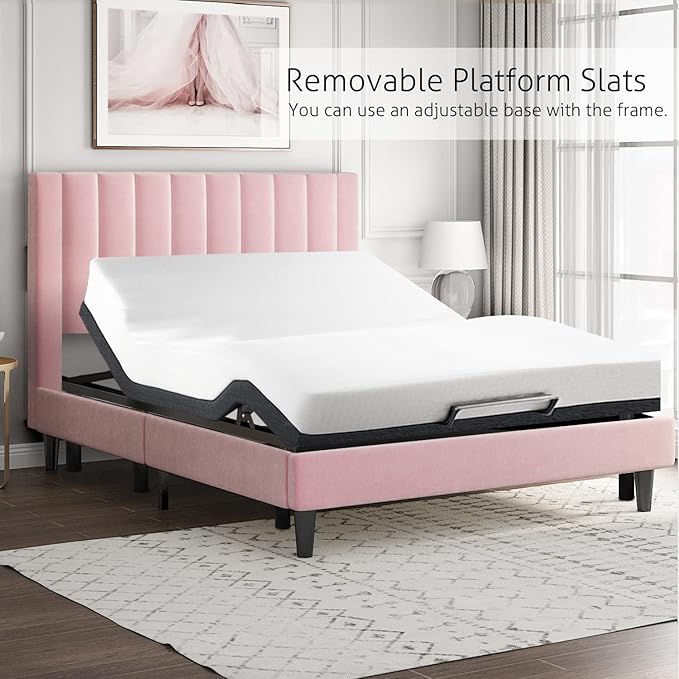 SHA CERLIN Queen Bed Frame/Velvet Upholstered Platform Bed Frame with Headboard/Strong Wood Slats Support/Mattress Foundation/No Box Spring Needed - Pink