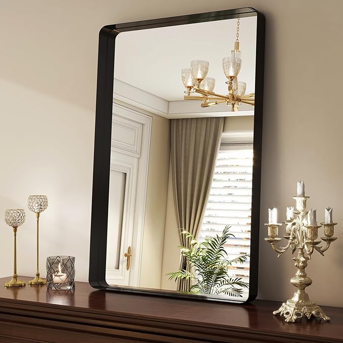 36x24 Inch Black Bathroom Mirror - Modern Black Rectangle Mirror for Wall with Rounded Corners, Bathroom Mirrors for Vanity, Aluminum Alloy Framed Mirror Hangs Horizontally or Vertically