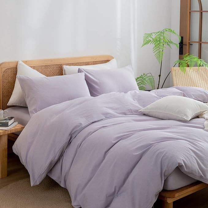 BESTOUCH Duvet Cover Set 100% Washed Cotton Linen Feel Super Soft Comfortable Chic Lightweight 3 PCs Home Bedding Set Solid Taro Purple Cal King