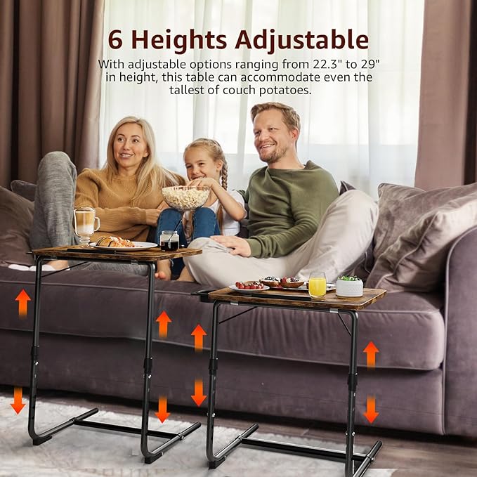 TV Trays Set of 2 - Folding TV Tray Adjustable Dinner Trays for Eating On Couch Wooden Tables Mate Stand Foldable Rustic Desk with Cup Holder Portable