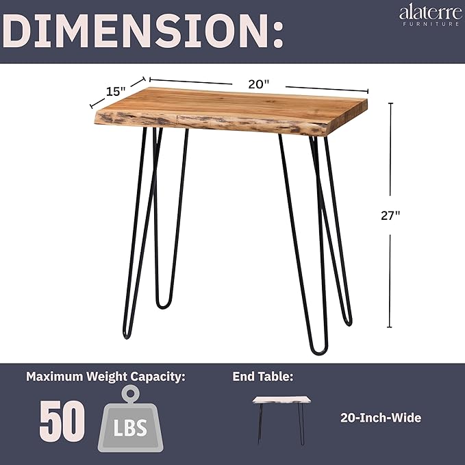Alaterre Furniture Natural Live Edge End Table - 15” x 20” x 27” Acacia Wood Side Table with Metal Hairpin Legs and Protective Floor Pads - Mid Century Modern Living Room Furniture (Natural)
