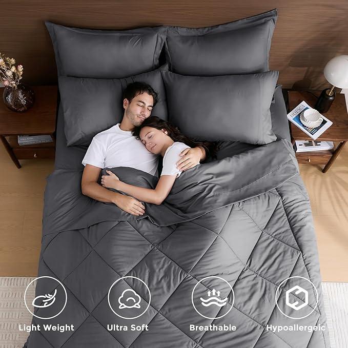 HEVUMYI 7 Pieces Queen Comforter Set, All Season Reversible Bed in a Bag Queen, Ultra Soft Queen Bedding Set with Grey Comforter, Flat Sheet, Fitted Sheet, Pillowcases, Pillow Shams, Dark Grey
