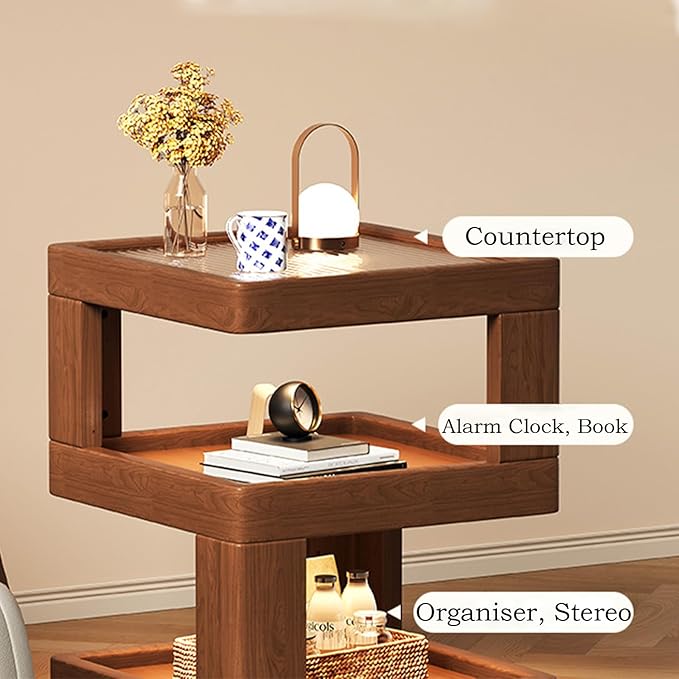 Solid Wood Nightstand,End Tables Bedroom Small Shelf Modern Nightstand Wood Side Table (Walnut Brown-21.3 * 15.8 * 15.8)