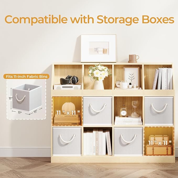 9-Cube Wooden Storage Bookcase - 11-Inch Open Shelf Cabinet, Simple Modern Bookshelf Organizer for Home Office, Living Room, Oak