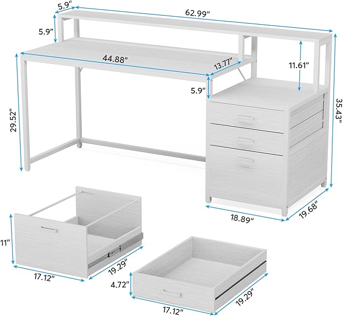 Tribesigns 63 Inch Computer Desk with File Drawer Cabinet, Ergonomic Office Desk with Monitor Stand, Computer Table with Printer Space, Wood PC Table Workstation Desk for Home Office, White