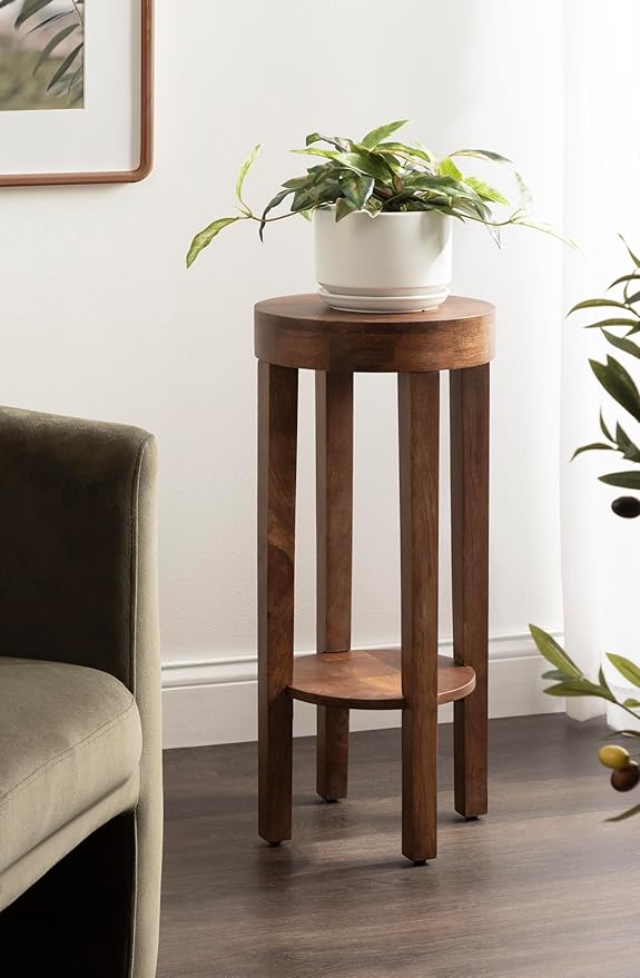 Kate and Laurel Talcott Modern Round Wood Side Table, 12 x 12 x 28, Walnut Brown, Transitional Decorative Two-Tier End Table for Use as a Bedroom Nightstand or Living Room Plant Stand