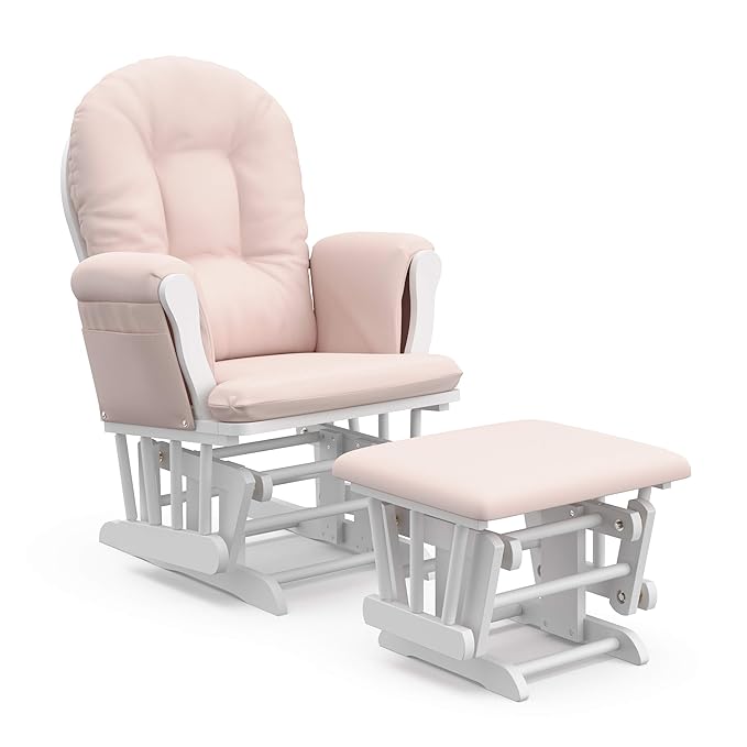 Storkcraft Premium Hoop Glider & Ottoman (White/Pink) — GREENGUARD Gold Certified Nursery Glider, Solid Wood Craftsmanship, Smooth-Gliding Nursery Chair and Ottoman, Award-Winning