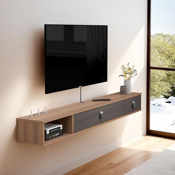 Pmnianhua Floating TV Stand with Doors,47'' Wall Mounted TV Cabinet,Floating Media Console Wall TV Console Under TV Entertainment Shelf with Storage for Bedroom Living Room (Walnut)