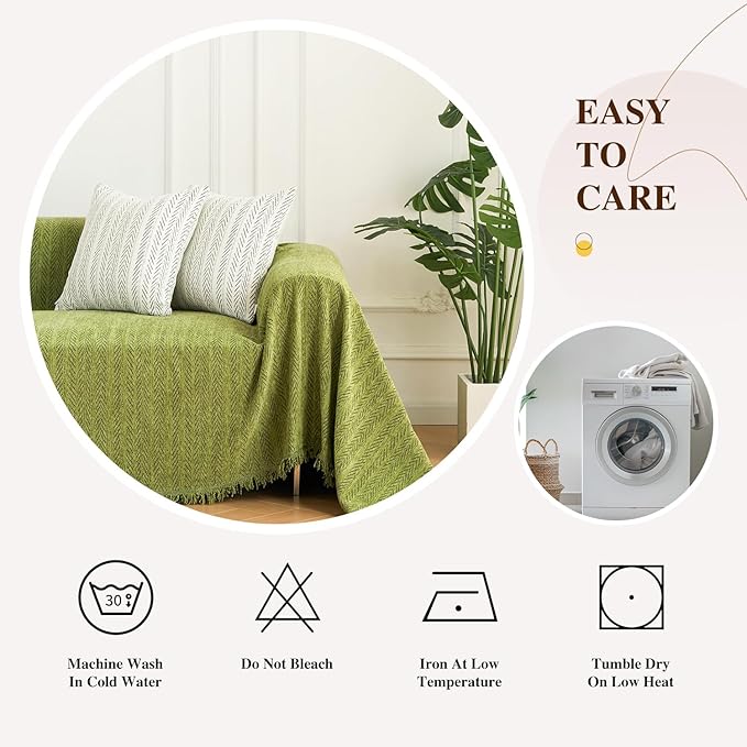Nobildonna Sofa Cover Washable Soft Thicken Chenille Couch Cover with Tassel,Waterproof Sofa Slipcovers for 2 Cushion Couch,Loveseat,Futon Couch Furniture Protector Pet-Friendly,Yellow Green 71"x102"