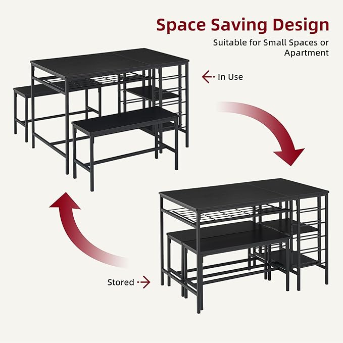 IDEALHOUSE Dining Table Set for 4, Kitchen Table Set for 4 with 2 Benches, Rectangular Dining Room Table Set with Wine Rack, 3 Piece Dining Table Set for Small Space Apartment, Black
