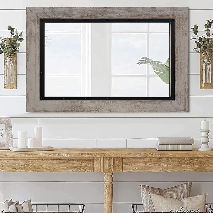 YOSHOOT Rustic Wooden Framed Wall Mirror, Natural Wood and Iron Bathroom Vanity Mirror for Farmhouse Decor, Vertical or Horizontal Hanging, 53" x 28", Grey