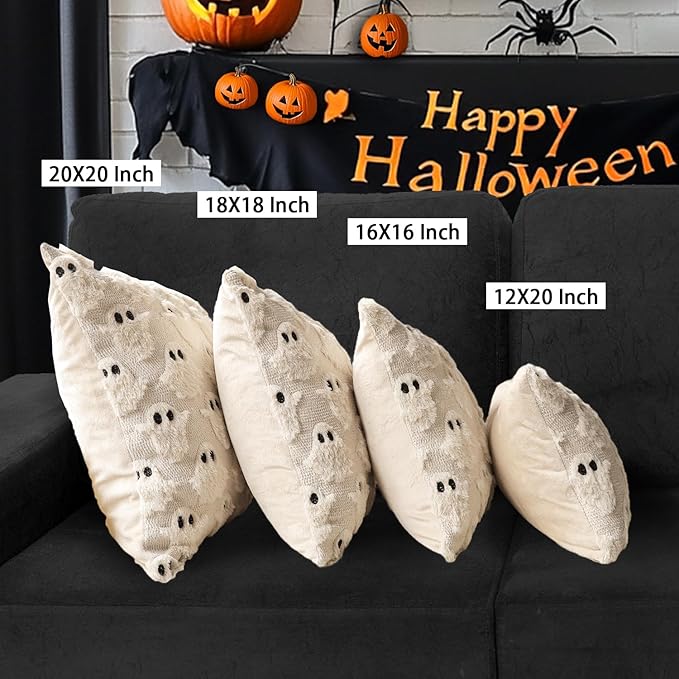 4TH Emotion Halloween Ghost Decorative Pillow Covers 16x16 Set of 2, Beige Soft Plush Faux Fur Farmhouse Throw Cushion Cases for Fall Autumn Holiday Home Decorations