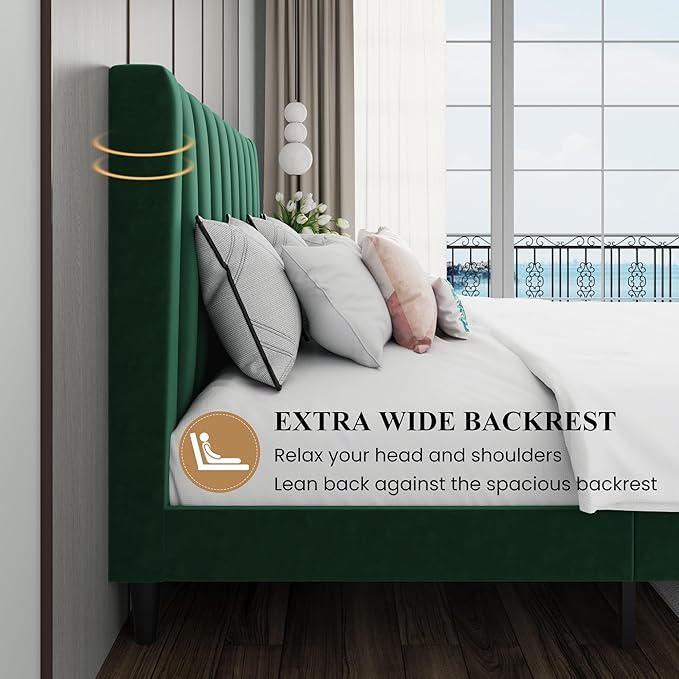 SHA CERLIN Queen Bed Frame/Velvet Upholstered Platform Bed Frame with Headboard/Strong Wood Slats Support/Mattress Foundation/No Box Spring Needed - Green