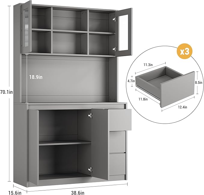 Kitchen Pantry Cabinet,71" Tall Storage Cabinet with Doors and Shelves Adjustable, Kitchen Storage Hutch with Microwave Shelf, Led Lights and Charging Station,Corner Pantry Cabinet,Grey