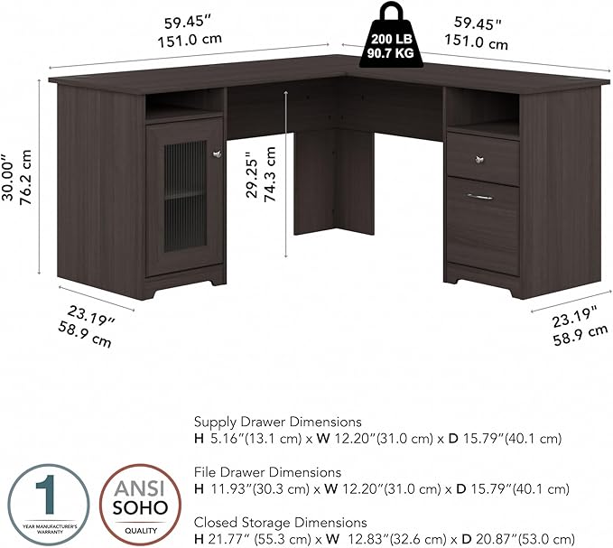 Bush Furniture Cabot L Shaped Computer Desk in Heather Gray | Corner Table with Drawers for Home Office