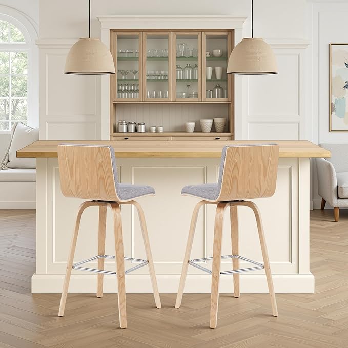 Vienna Modern Swivel Bar Height Stool with Grey Upholstered Seat and Patterned Oak Wood Frame Set of 4